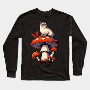 Funny Vintage White Cat in Mushroom Garden Long Sleeve T-Shirt